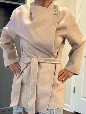 GOELIA Belted Wool-Blend Wrap Coat in Soft Beige